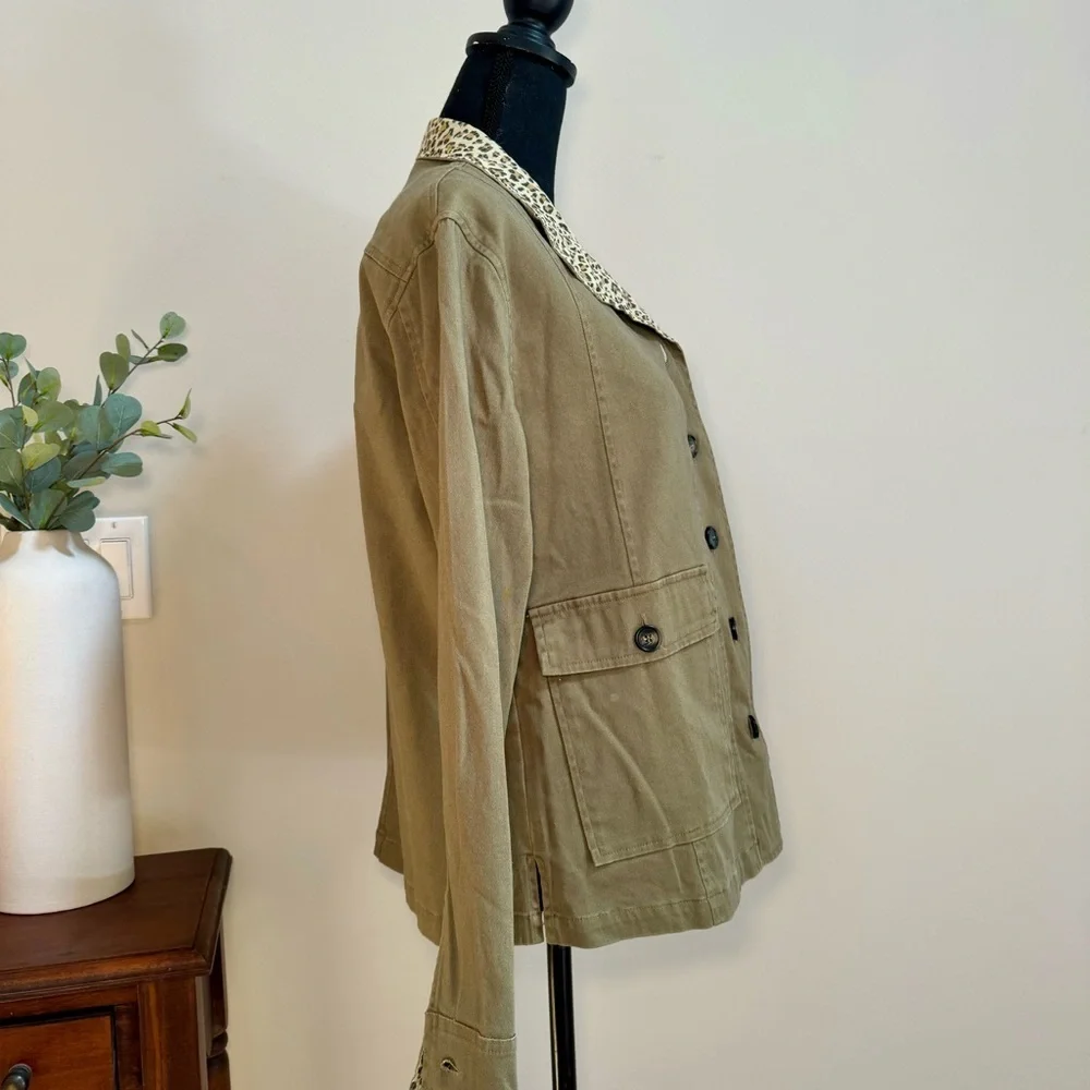 Peyton Jensen Olive Green Safari Jacket Leopard Print Trim Cotton Size Medium‎